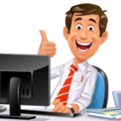cartoon guy at computer giving thumbs up.