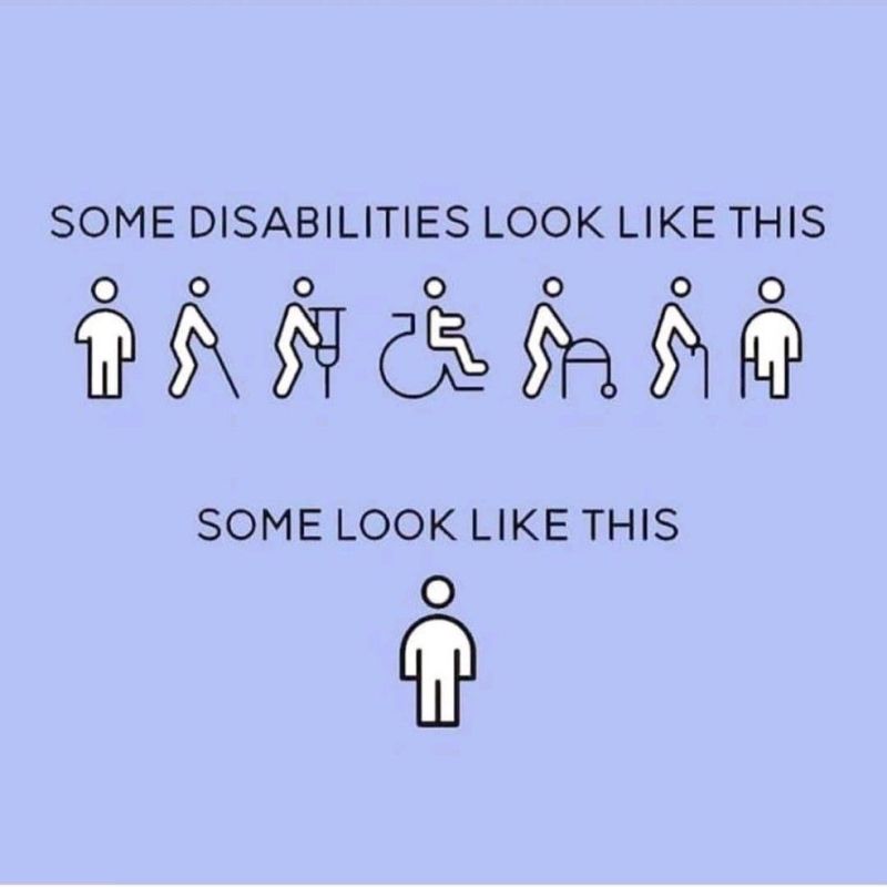 Graphic depicting different disabilities "Some liabilities look like this" with icons of people with various visually obvious disabilities, and "Some look like this" with a person with no apparent physical issues.