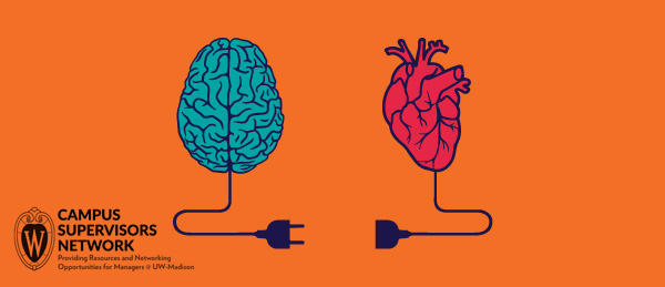 Graphical image of brain and heart with electrical connections, symbolizing emotional intelligence (head and heart together).