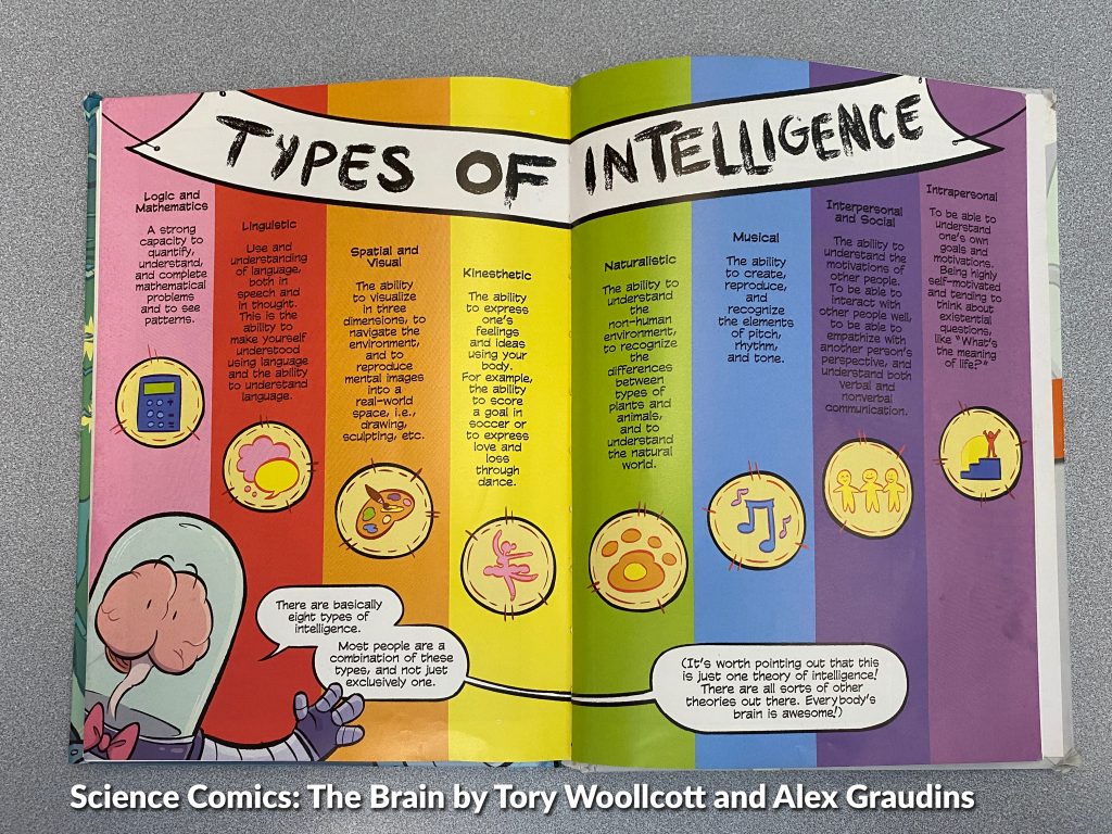 8 types of intelligence defined:
Logistics and Mathematics
Linguistic
Spatial and Visual
Kinesthetic
Naturalistic
Musical
Interpersonal and Social
Intrapersonal

From the book Science Comics : The Brain by Tory Woollcott and Alex Graudins
