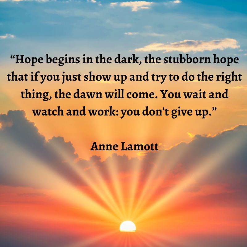  “Hope begins in the dark, the stubborn hope that if you just show up and try to do the right thing, the dawn will come. You wait and watch and work: you don't give up.” ― Anne Lamott 