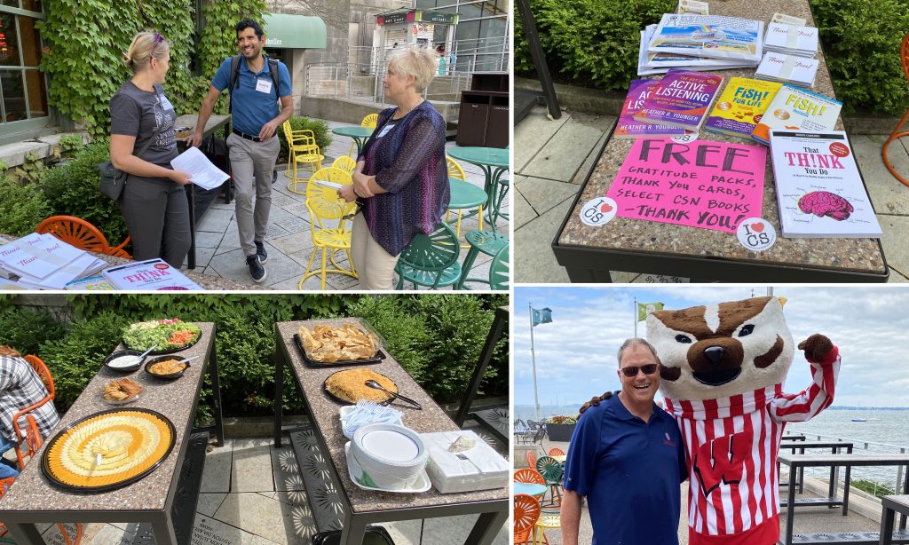 Photos from the CSN Summer of Gratitude Gathering, including planning committee members, Bucky Badger, food, and books.